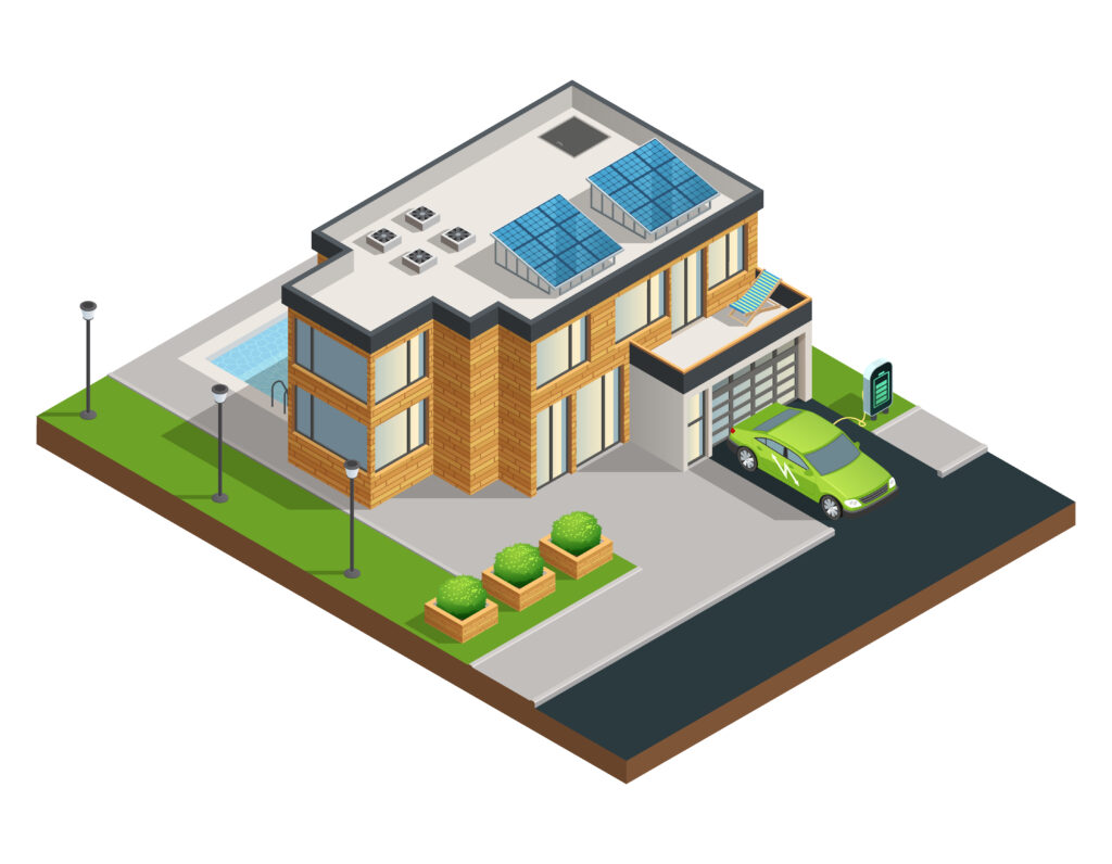 Maison moderne avec panneaux solaires photovoltaïques et borne de recharge voiture electrique