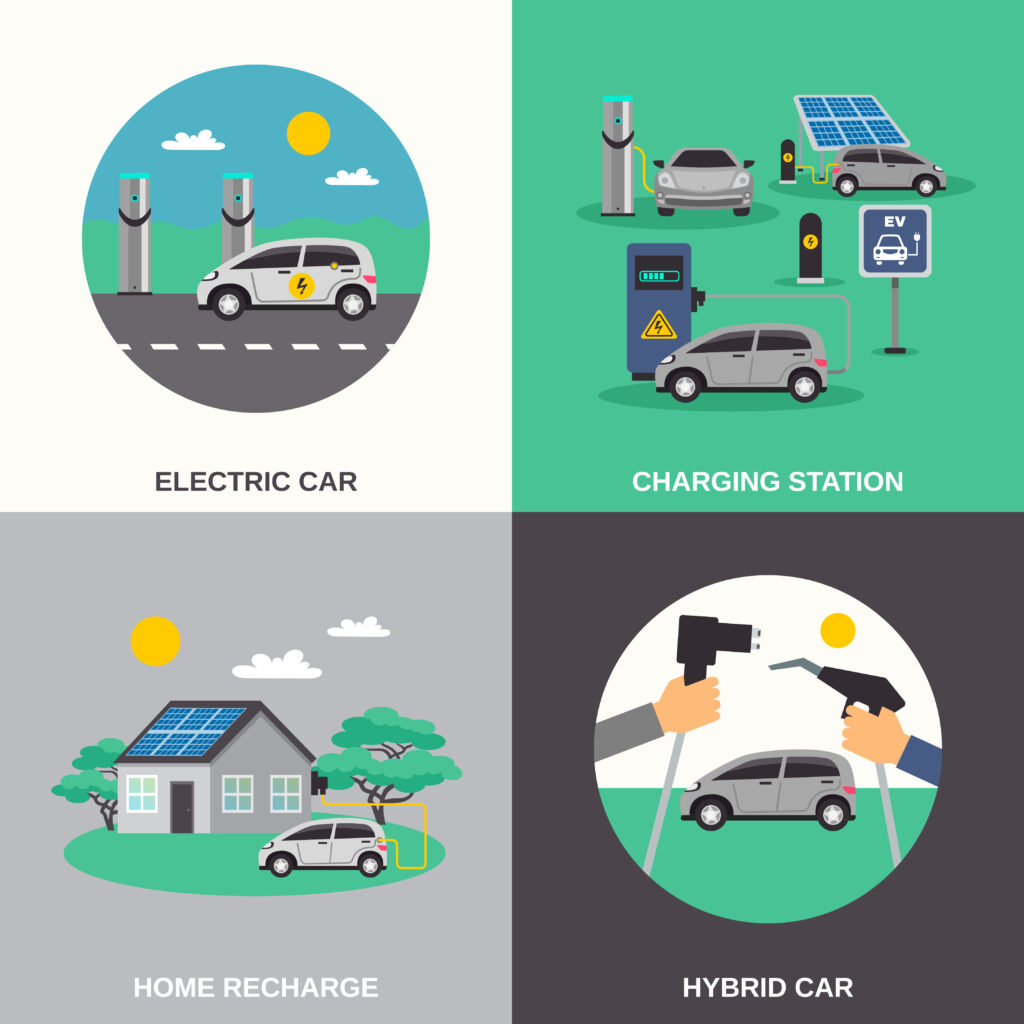 Illustration en 4 images des différents types de bornes de recharge pour voiture propre ou hybride
