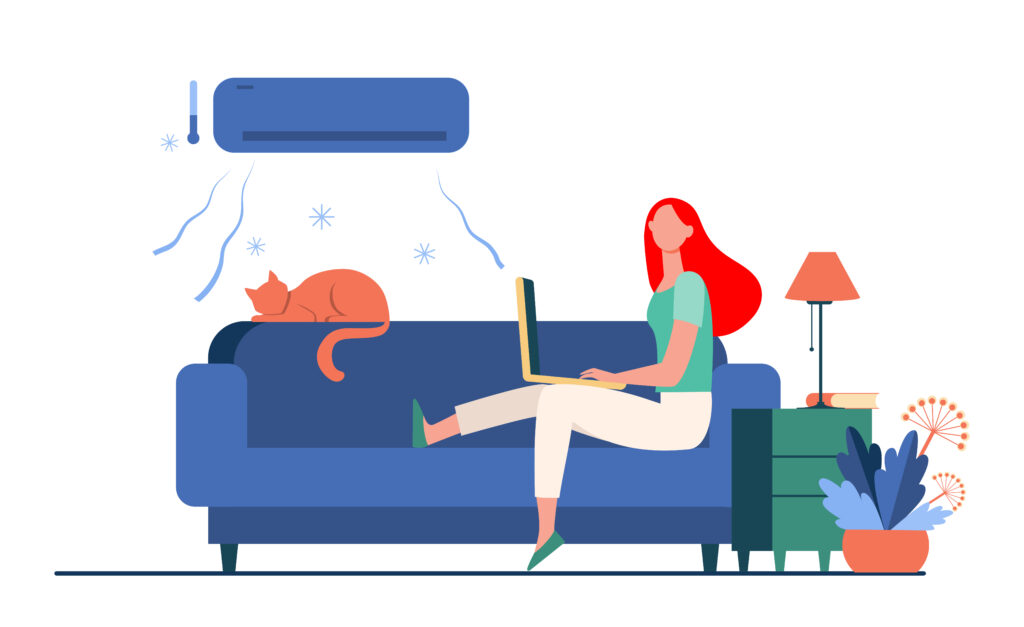 Illustration représentant une jeune femme installée au frais dans son canapé grâce à une climaatisation