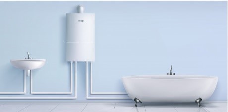 Photo d’une salle de bain avec système de production d’eau chaude