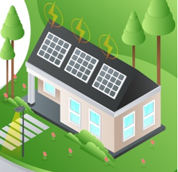 Illustration représentant une maison avec des panneaux solaire sur le toit qui produisent de l’électricité verte