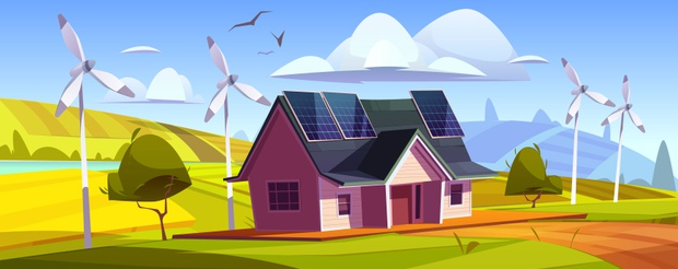 Illustration d’une maison alimentée par des panneaux solaires et éoliennes au milieu d’un paysage vert