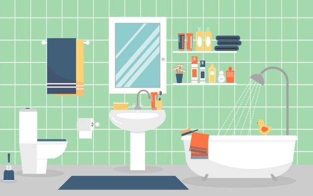 Illustration d’une salle de bain avec baignoire, douche et accessoires