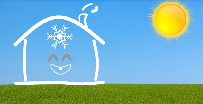 Illustration d’une maison avec air conditionné sous un temps chaud et ensoleillé